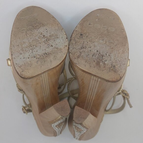 bebe Gold Strappy Rhinestone Platform Heels Size US 6 - Picture 10 of 16